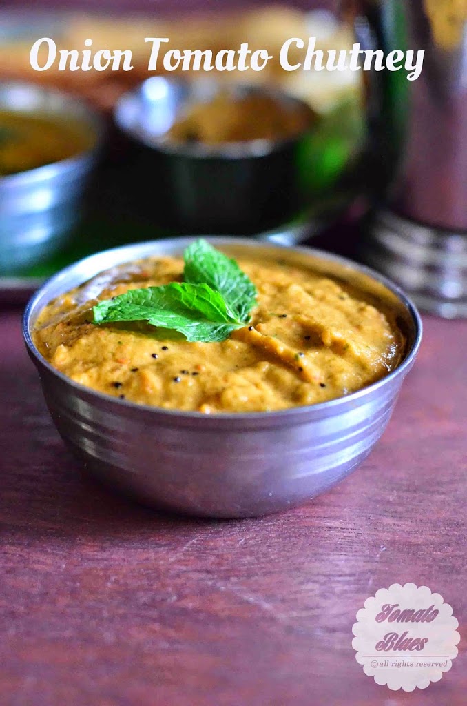 easy south indian onion tomato chutney served in a steel bowl