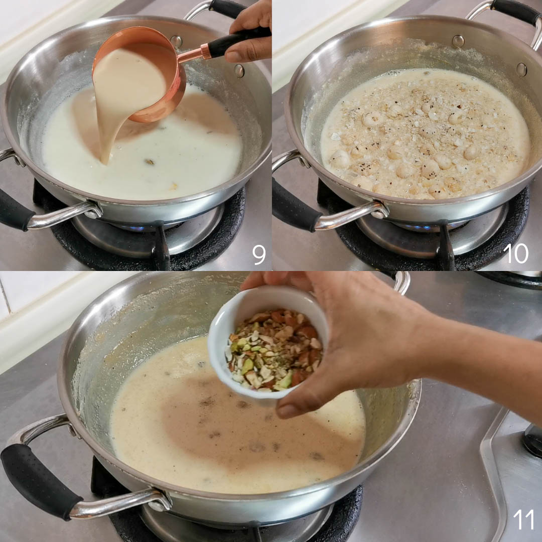 adding evaporated milk and garnishing Makhane ki kheer