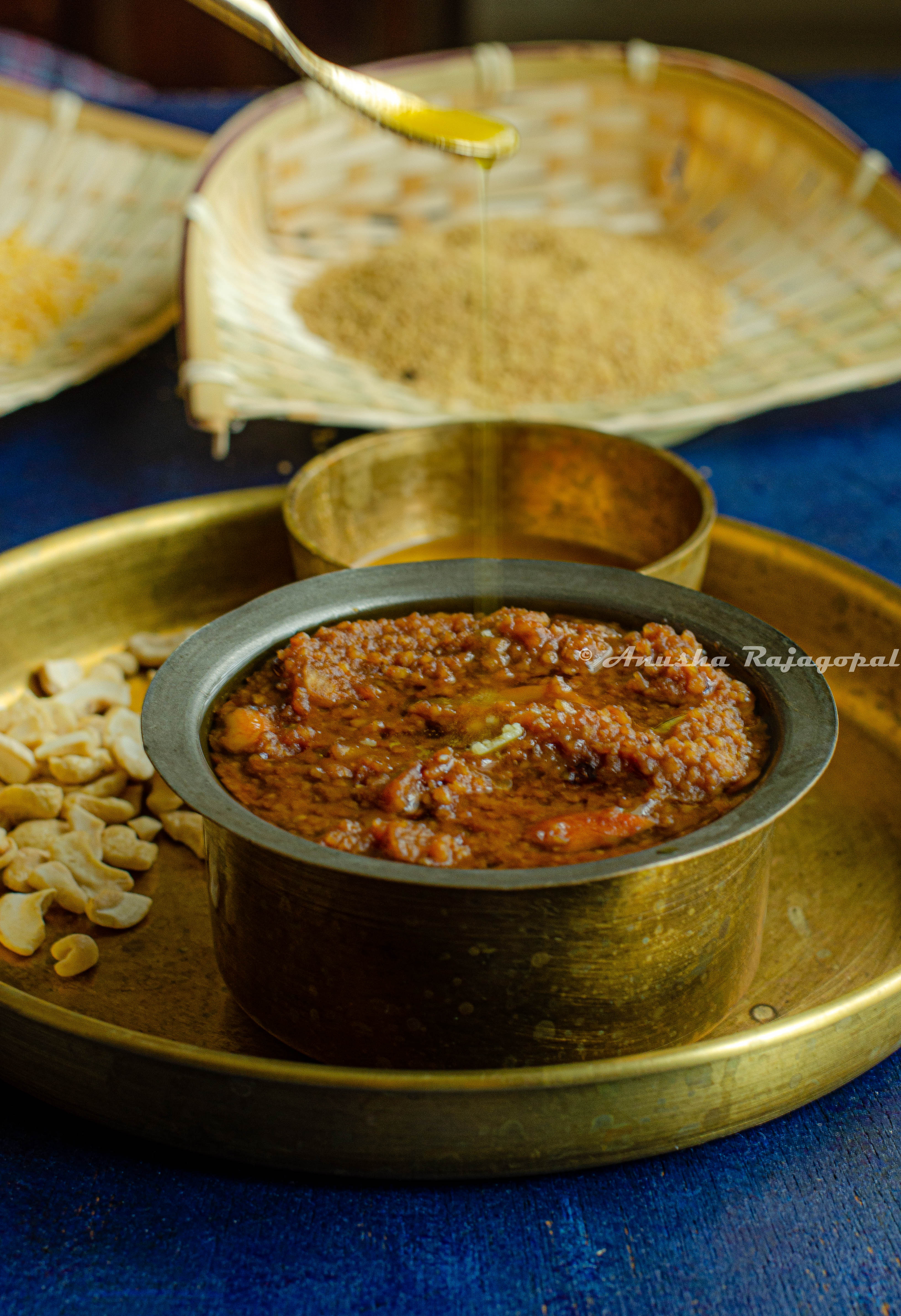 how to make millet sakkarai pongal?- Foxtail millet pongal served in a tin coated brass vessel 